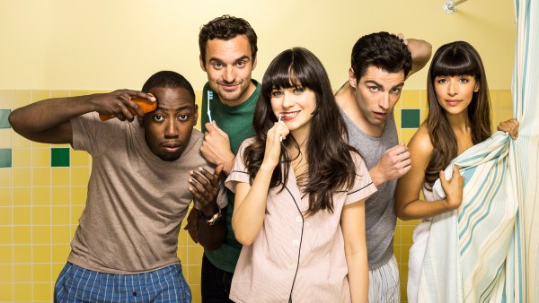 NEW GIRL -- Season 2 -- Pictured (L-R): Lamorne Morris as Winston, Jake Johnson as Nick Miller, Zooey Deschanel as Jessica Day, Max Greenfield as Schmidt and Hannah Simone as Cece.