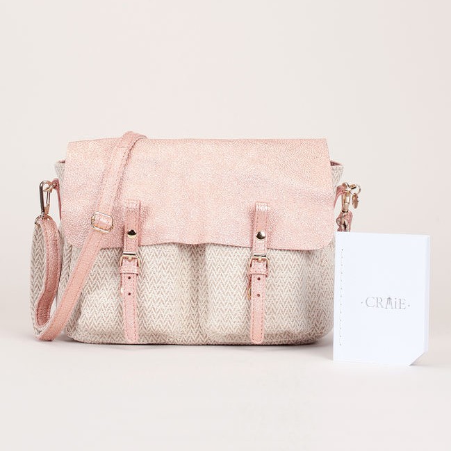 Craie Besace réversible en cuir grainé rose irisé et toile de coton italienne beige Mini Maths