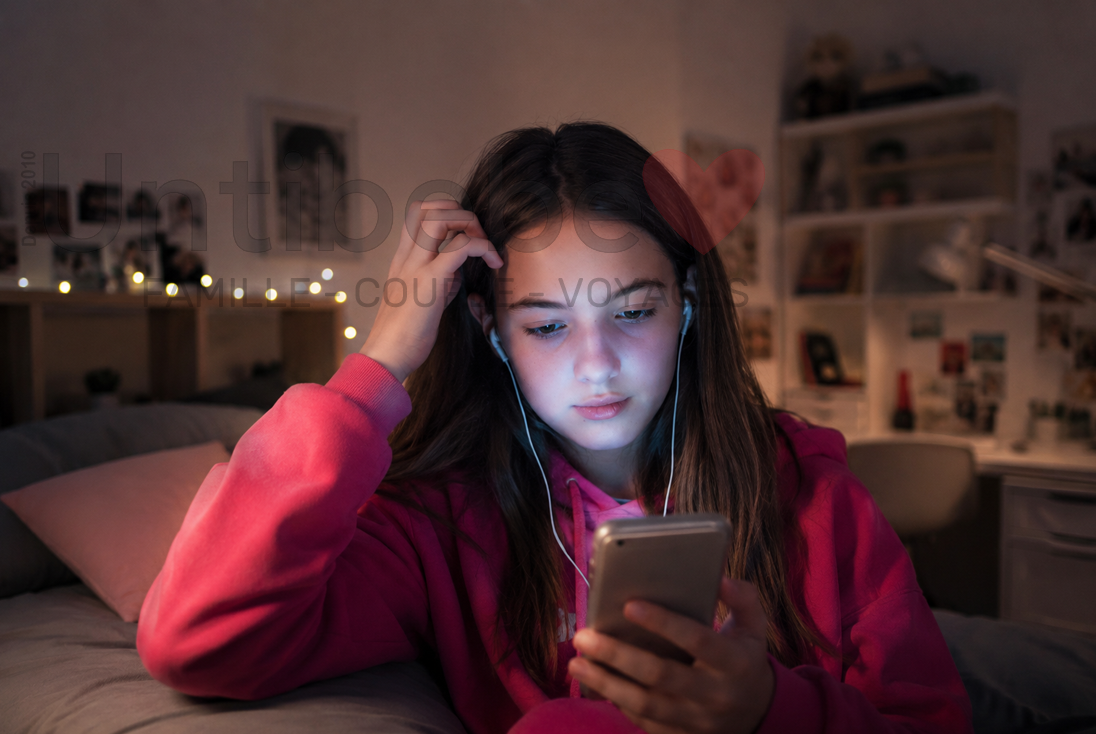 Une adolescente devant un téléphone dans une chambre accoudée à son lit. Elle porte des écouteurs.