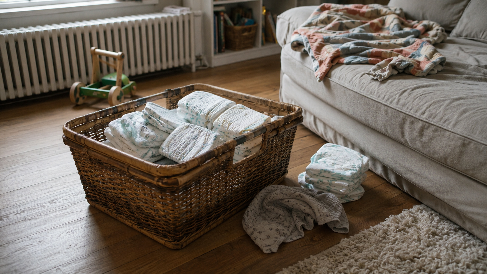 panier de couches pour bébé dans un salon. Posé sur un parquet. Photo dans les couleurs naturelles.