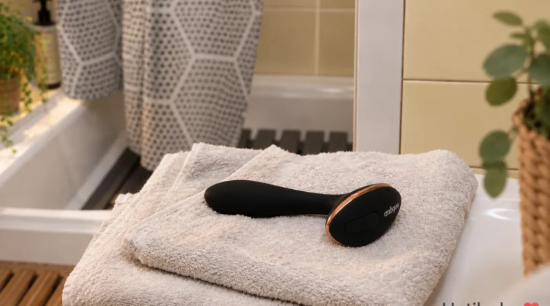 Objet de bien-être intime posé sur des serviettes dans une salle de bain
