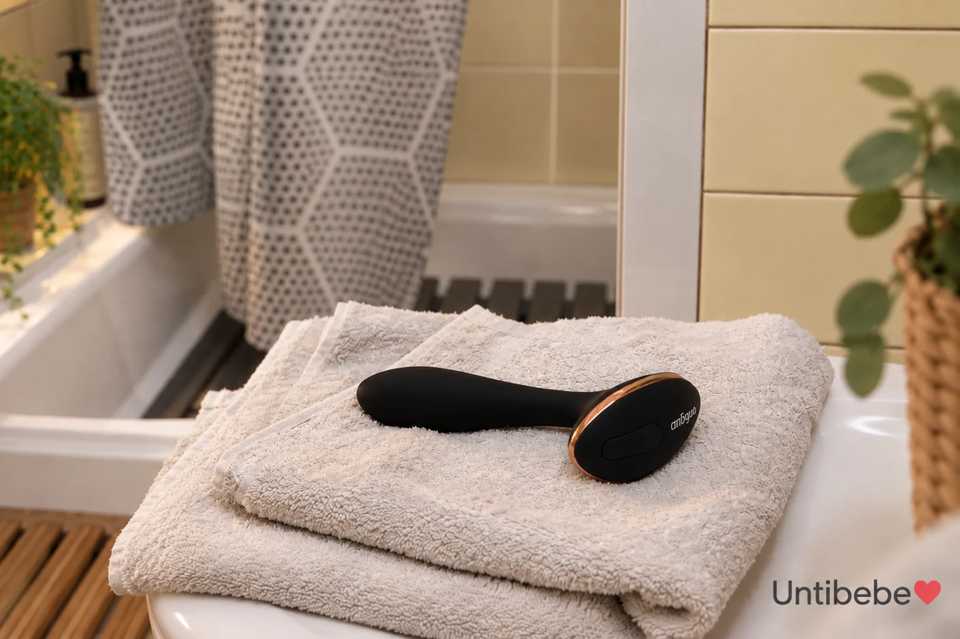 Objet de bien-être intime posé sur des serviettes dans une salle de bain