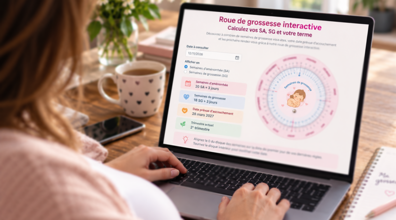 feme enceinte devant un ordinateur qui présente une roue de grossesse