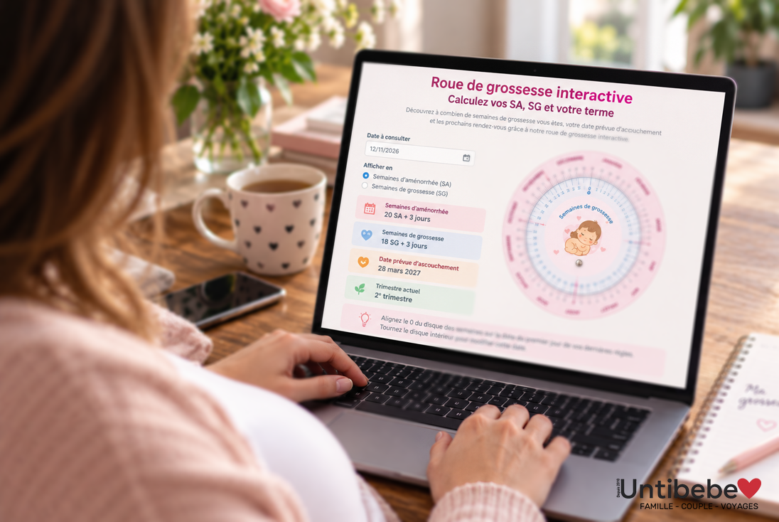 feme enceinte devant un ordinateur qui présente une roue de grossesse