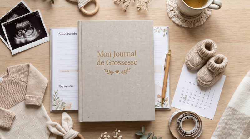 mon journal de grossesse sur une table entourée d'une échographie, chaussons pour bébé en laine, une tasse de thé...