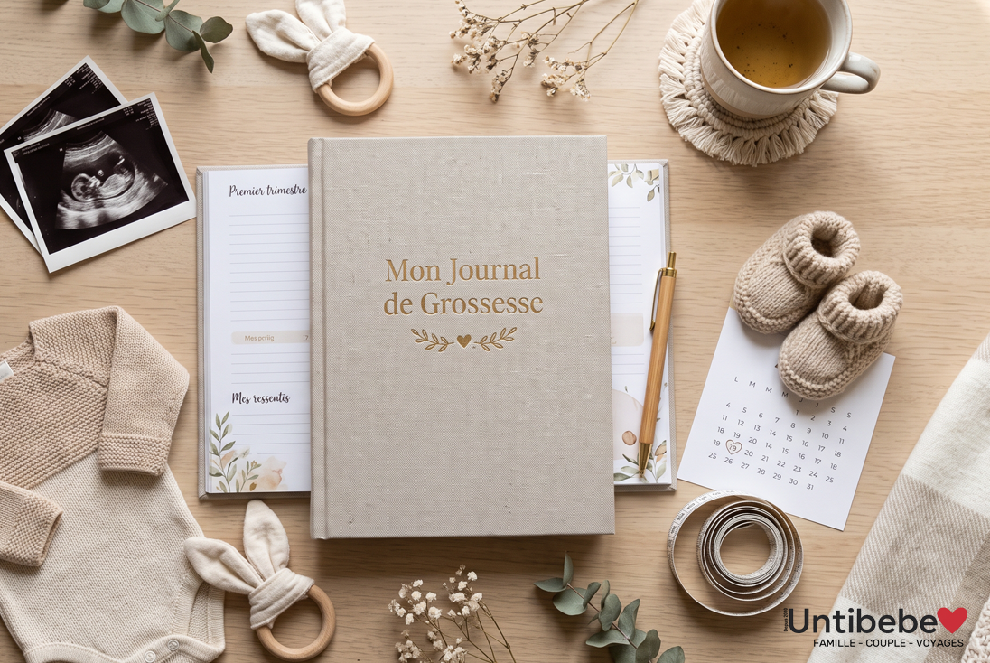 mon journal de grossesse sur une table entourée d'une échographie, chaussons pour bébé en laine, une tasse de thé...